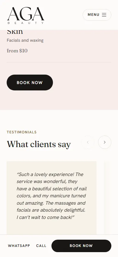 Further down the page, that bar has not moved. WhatsApp, call and Book Now, still under the thumb.
