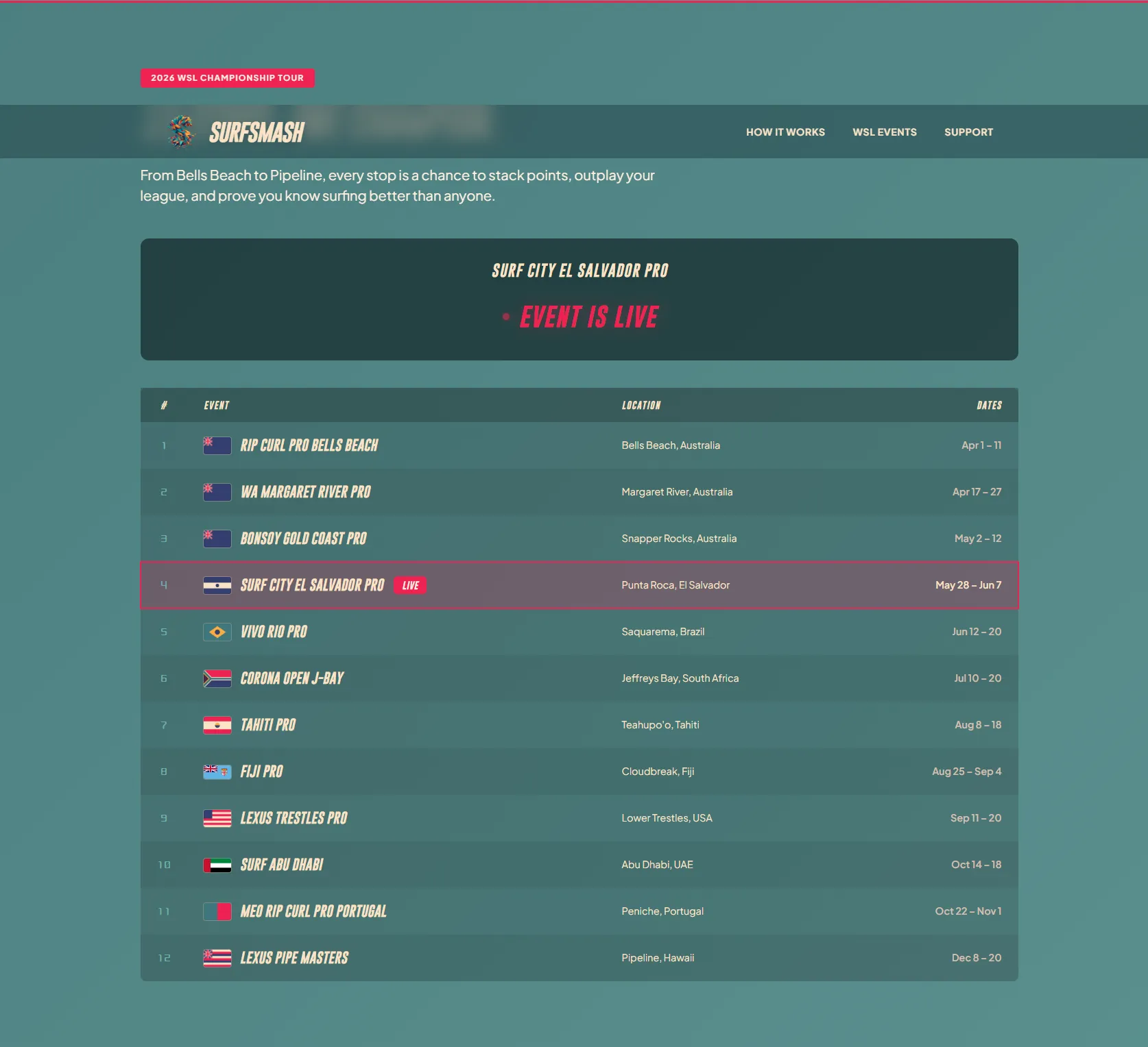 The 2026 Championship Tour on smash.surf, counting down to the next event with the live stop highlighted.