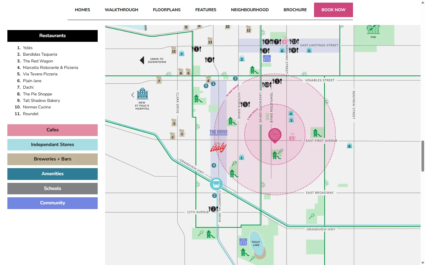 Before: the neighbourhood map and its category list.