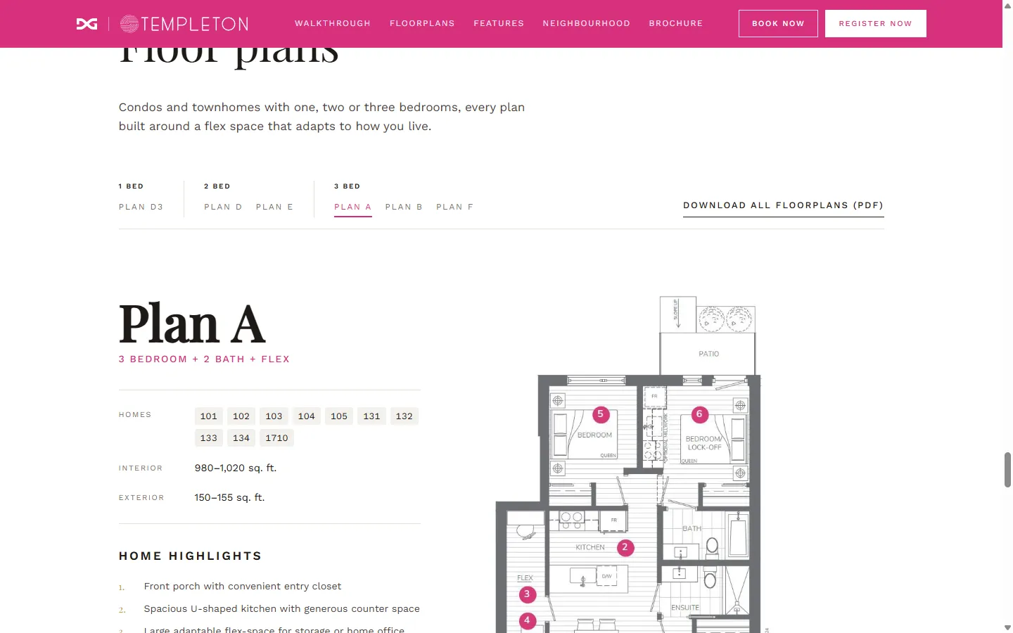 Floor plans filter by bedroom count, so buyers see only what fits them.